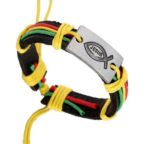 Fashion Fish JESUS Charm Bracelet Wrap Black Genuine Leather Bangle Rope Wrap Vintage Wristbands Casual Unisex Cristiano Jewelry