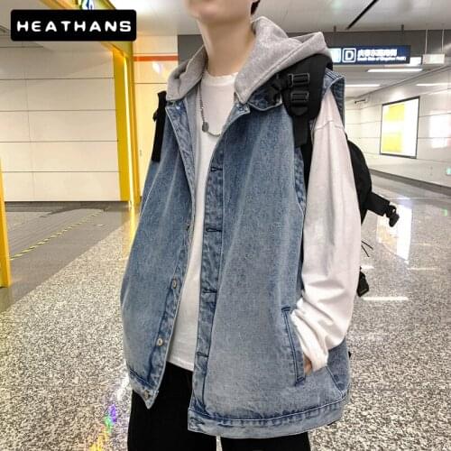 Mens Jean jacket Vests Hooded Japan Style Vintage Sleeveless Loose Outwear Harajuku Handsome Trendy Waistcoat Mens Outerwear
