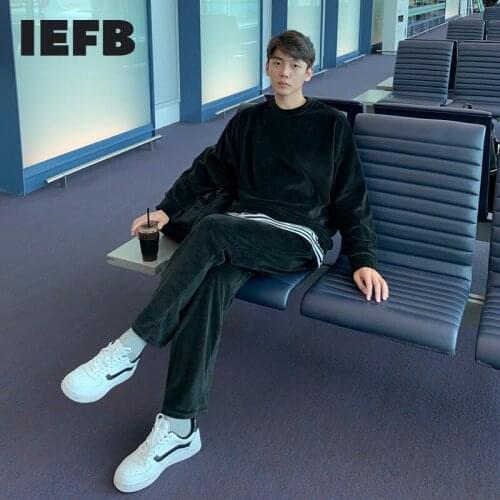 IEFB Spring Solid Color Sweatshirts Suit Mens Korean Fashion O-neck Pullover Tops + Elastic Waist Sweatpants Two Pieces Set