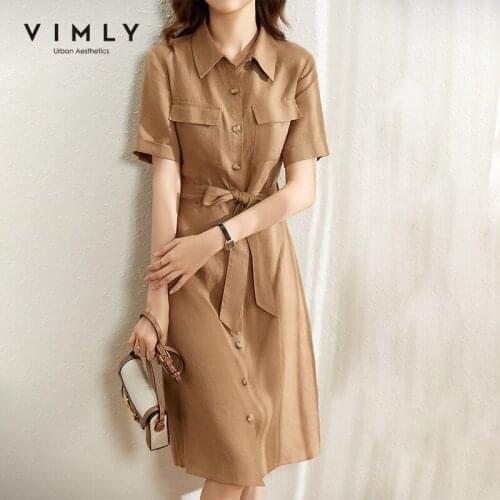 Vimly linen dress for women 2021 new summer French Office Lady short sleeve high waist with belt Midi shirt dress Female F8132