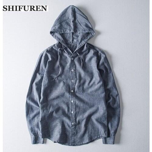 SHIFUREN New Autumn Mens Casual Cotton Linen Shirts Long Sleeve Soft Breathable Male Hooded Solid Shirts Tops Size M-XXXL