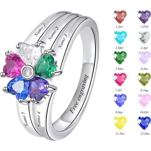 Strollgirl 100% 925 Sterling Silver Personalized Customization Engraved 5 Heart-shaped Birthstones Ring Stelring Silver Jewelry