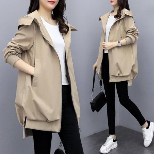 Spring Autumn Korean Lining Womens Windbreaker Khaki Loose Casual Hooded Trench Coat Plus size Female Black Temperament Outwear