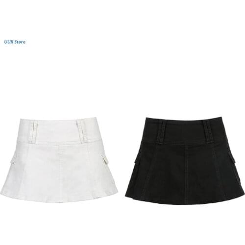 Women Gothic Punk Sexy Low Waist Pleated Micro Denim Skirt Harajuku Solid Color A-Line Flare Hem Vintage Casual Slim Streetwear
