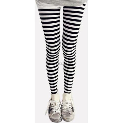 Women Ankle Length Skinny Leggings Black White Horizontal Striped Pants