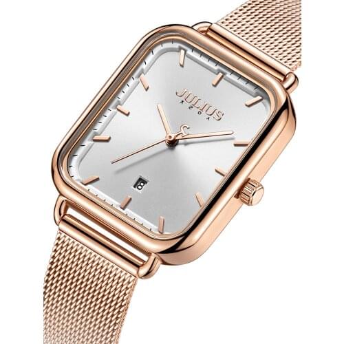 Auto Date Rectangle Julius Womens Watch Japan Mov't Hours Elegant Fashion Clock Stainless Steel Bracelet Girls Gift Box