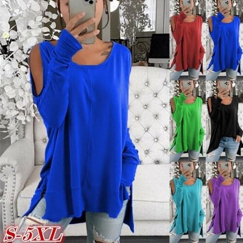 Womens new spring and autumn tie-dye pullover loose strapless long-sleeved solid color round neck bottoming shirt