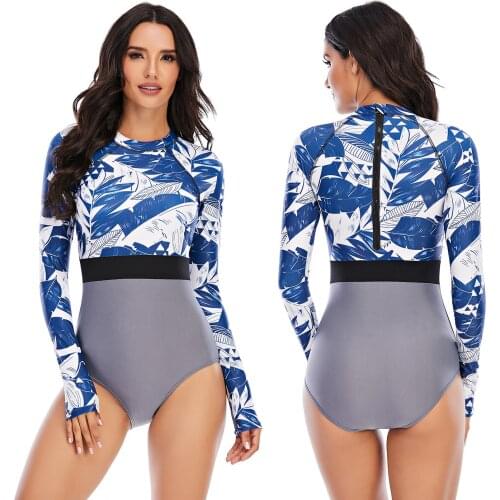 Womens Beach One Piece Push Up Swimsuit Long sleeve surf suit Suit Swimwear Leaf Print Swimwear Hight Waist Swimwear