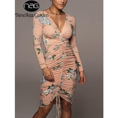 NewAsia Long Sleeve Floral Dress Ruched Drawstring V Neck Tie up Sexy Bodycon Dress Women Street Casual Robe Midi Vestidos 2021