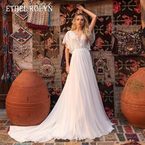 ETHEL ROLYN Mermaid Wedding Dress 2021 Chic Sequined V-Neck Appliques Bride Ruffles Short Sleeve Backless Chiffon Bridal Gown