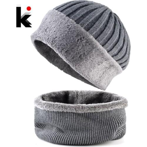 Winter Beanie And Scarf For Men Solid Thick Knitted Hat Scarf Set Outdoor Snow Skullies Beanies Women Warm Velvet Hats Scarves