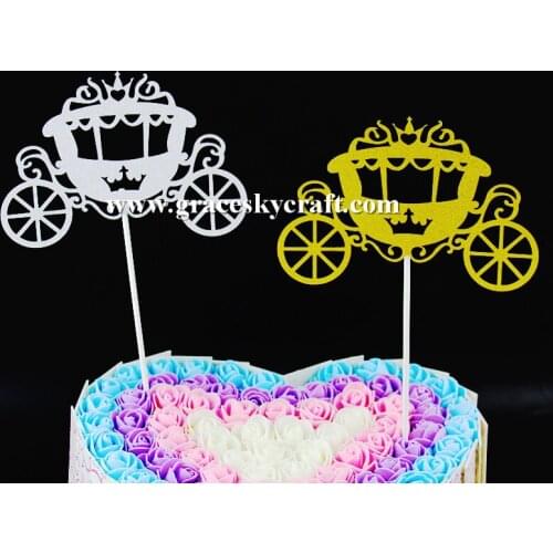 12pcs free shipping NEW Glitter paper Wedding Birthday Cakes Toppers prince and princess in carriage Party Favors cupcake picks