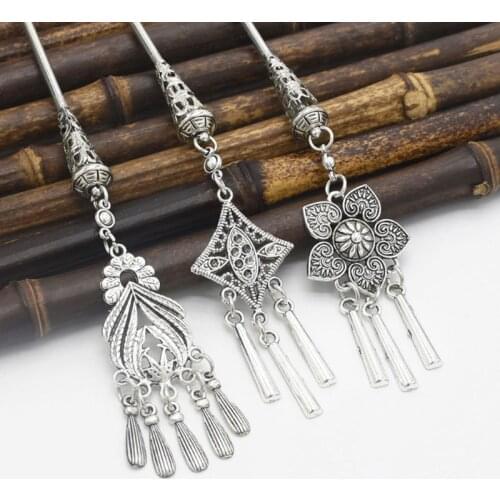 2018 New Retro Hairpin Chinese Hair Stick Vintage Tassel Floral Headwear Antique