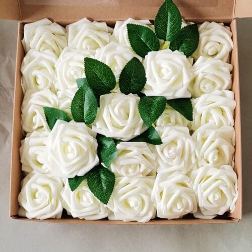 25Pcs/Box 8cm PE Rose Artificial Flowers Head DIY Foam Flower Ball Wedding Decoration Wreath Valentines Day Bouquet Fake Roses