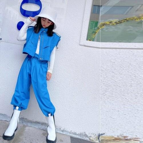 2021 Hip Hop Dance Costumes For Kids Blue Vest Loose Pants Stage Outfits Jazz Dance Costumes Performance Rave Clothes DQS7775