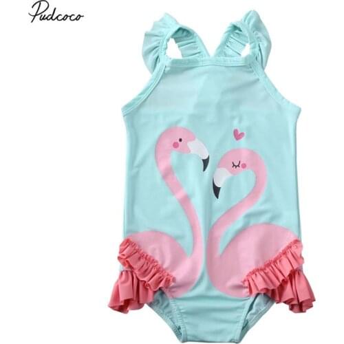 2020 1-6Year Kids Swimwear Toddler Baby Girl 3D Flamingo Ruffle Fly Sleee Swimming Costume Summer Holiday Beach Bathing Suit