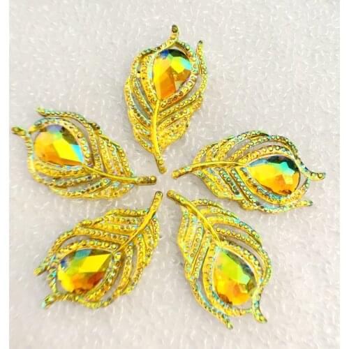 DIY 10pcs 20*38mm AB Rhinestones Flat Back Leaf Gems Button Crafts Garment decoration-B072