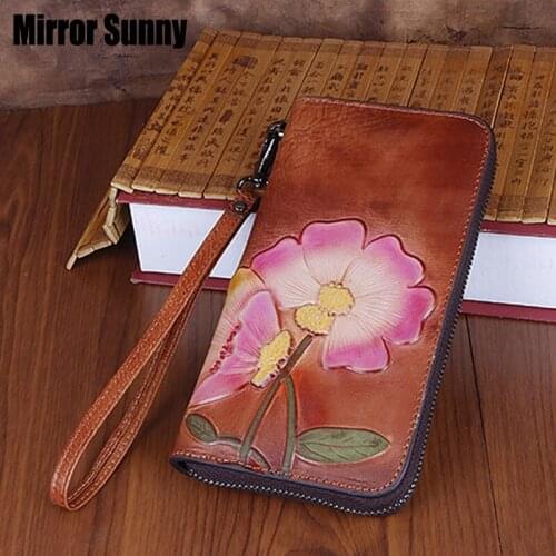 New Style Wallet Long European & American Zipper Wallet Retro Pattern Multi-card First Layer Cowhide Genuine Leather Money Clip