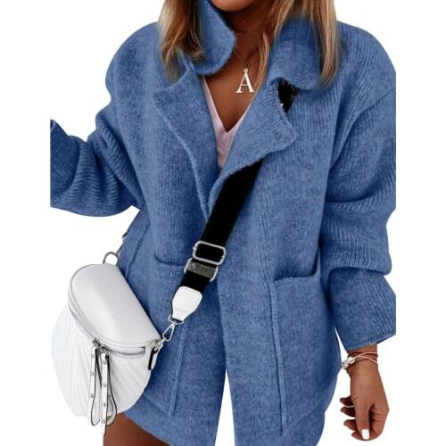 Women Chic Long Sleeve Pockets Lapel Knit Coat Cardigan Thick Streetwear Jacket