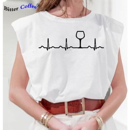 Wine Heartbeat T-Shirt Funny Cute Wine Glass Lover Gift Hot Sexy Sleeveless Women T Shirt New Arrival Summer Style Top Tee