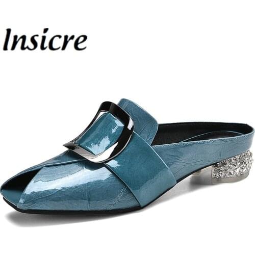 Insicre Designer Sexy Peep Toe Metal Decoration Buckle Square Heel Slippers Shallow Party Sandals Korean Style Women Slides