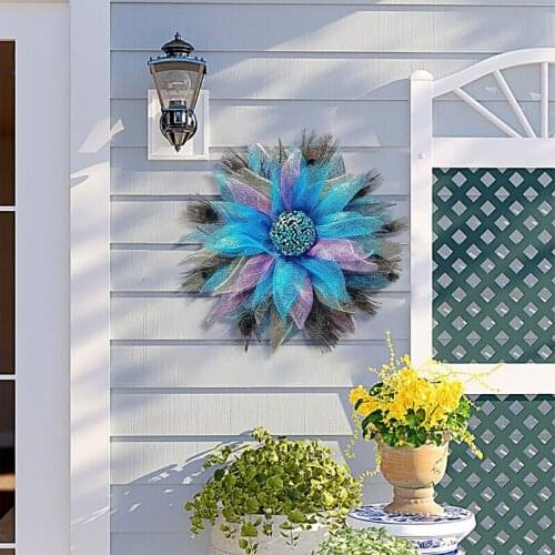 Exquisite Artificial Peacock Feather Garland Colorful Gauze Sunflower Ring Door Hanger Hang Garland Wall Window Decoration