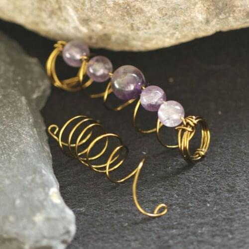 Natural Crystal Hair Beads Amethyst Hair Rings Vintage Viking Spiral Hair Braids Jewelry Hair Accessories Witchcraft Accessories