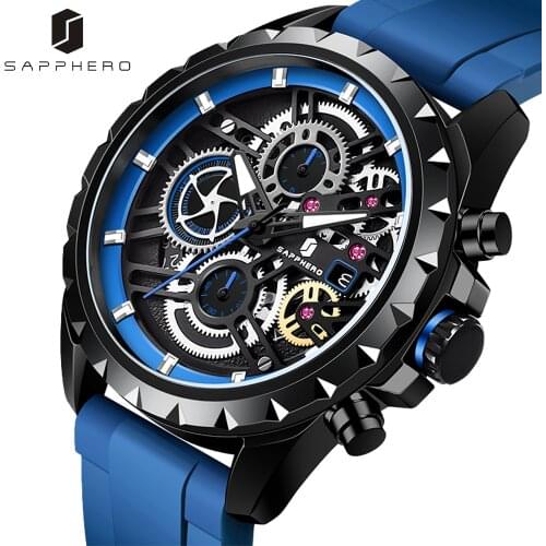 Mens Watch SAPPHERO 100M Waterproof Chronograph Silicone Strap Quartz Movement Wristwatch Business Style Elegant Sport Gift