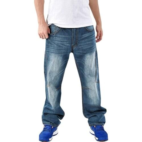 Men Wide Leg Denim Pants Hip Hop Light Blue Skateboarder Jeans Size 30-46 Baggy Jeans for Rapper Relaxed Pants