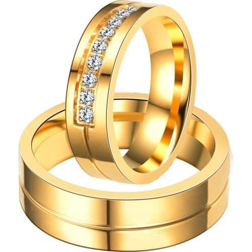 Soul Men 1 Pair Lovers Gold Color Engagement Ring with 9 CZ for Ladies 6mm Simple Wedding Ring Set for Male Alliance in Brasil
