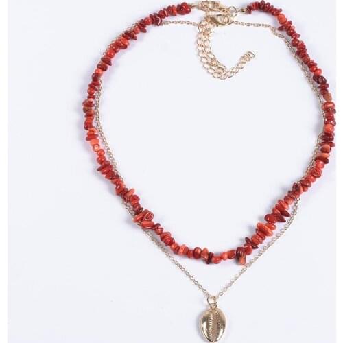 Irregular Red Natural Stone Beaded Handmade Choker Necklace Women Boho Ethnic Double Layer Choker Necklace Shell Pendant Jewelry
