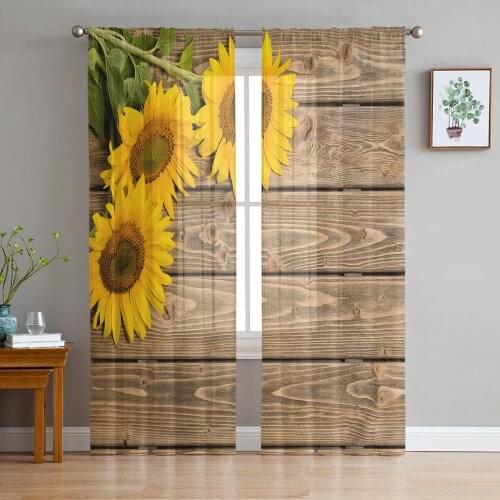 Sunflowers Wood Boards Sheer Curtains for Living Room Bedroom Kitchen Tulle for Windows Voile Yarn Curtains for Bedroom