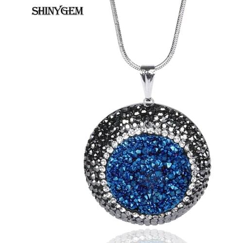 ShinyGem 2020 Fashion Round Crystal Choker Necklace For Women Micro Inlay Zircon Natural Druzy Stone Silver Color Chain Pendant