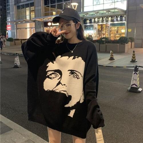 Oversize Long Sleeve O Neck Sweaters Women Korean Cartoon Character 2021 autumn Streetwear Women Harajuku Pullover Knitted Tops
