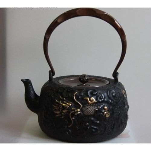 Japanese Technics Iron Silver Gilt Fly Dragon Portable Flagon Kettle Wine TeaPot