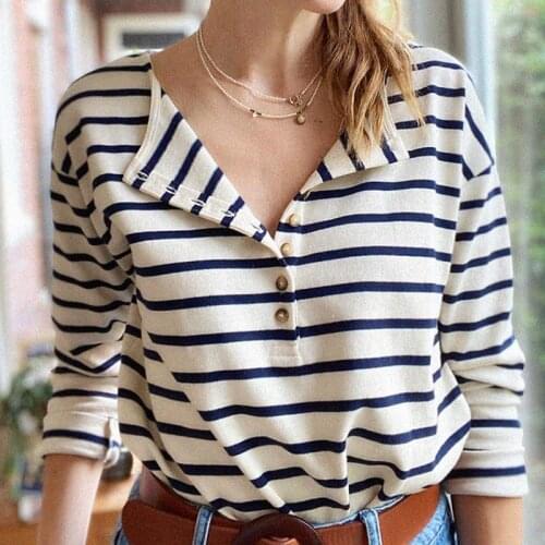 Stripes Chemises Woman Buttons Neck Retro Cotton Long Sleeve tshirt Casual Patchwork Chic femme Tops Versatile Hauts