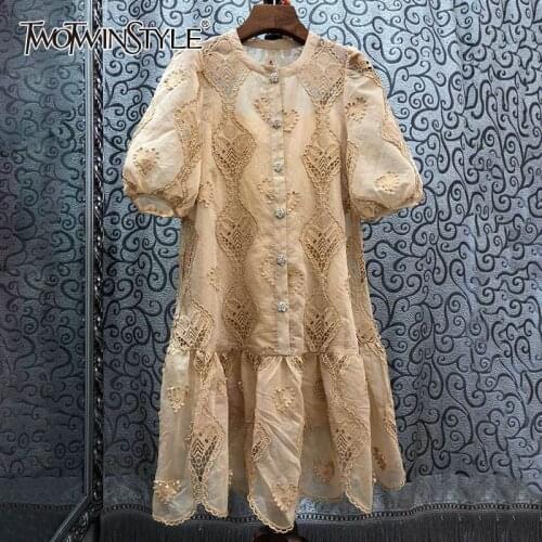 TWOTWINSTYLE Elegant Hollow Out Dresses Female O Neck Lantern Short Sleeve High Waist Ruffle Mini Summer Dress Women Fashion New