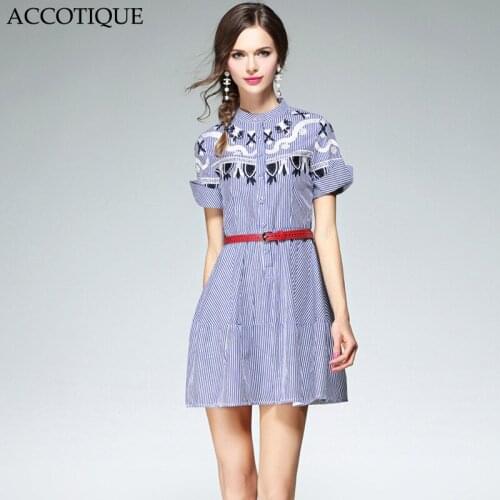 New Spring Summer Womens Embroidery A-Line Short Sleeve Striped Shirt Dress Female Stand Collar Casual Slim Dresses With Belt