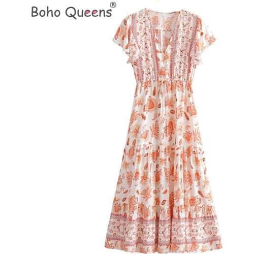 Boho Queens women floral print V-neck sashes Bohemian midi dress ladies sleeve Boho happie dresses vestidos