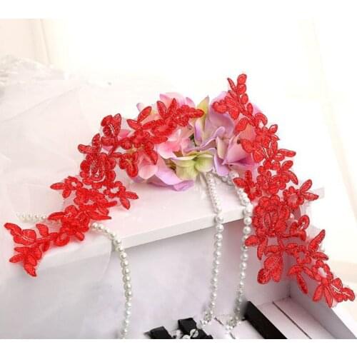 10 Pieces 29X9cm Red Lace Applique Fabric Floral Embroidered Lace Trim For Sewing Wedding Dress Veil Head Accessories