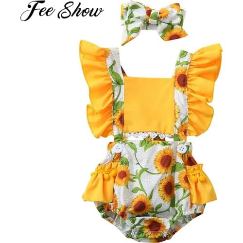 2021 Cute Floral Ruffle Romper 2pcs Newborn Baby Girls Clothes Backless Sunflower Jumpsuit Romper+Headband 0-18M Age Outfits Set