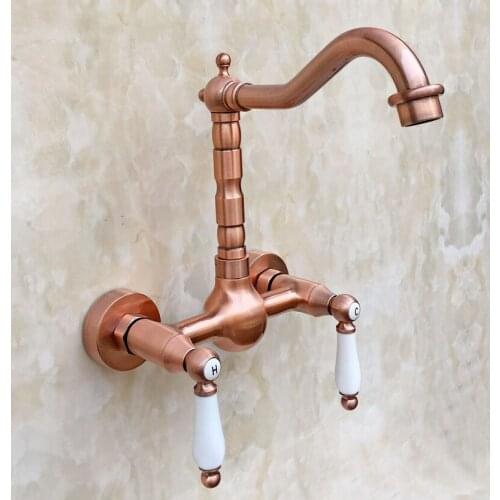 Antique Red Copper Brass Wall Mounted Dual Ceramic Handles Kitchen Sink Faucet Bathroom Basin Mixer Taps Swivel Spout mrg034