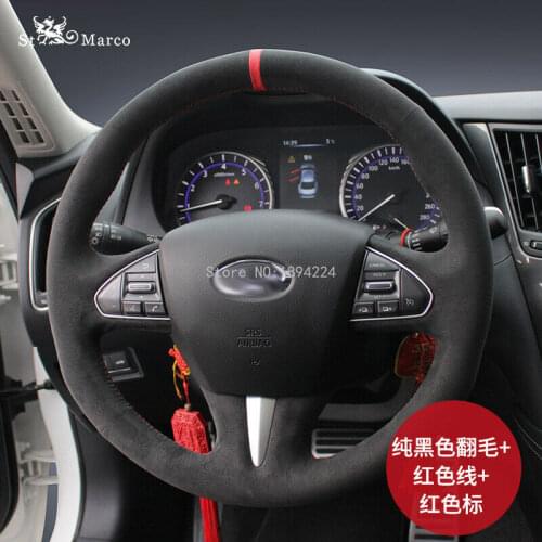 Car Black Suede Steering Wheel Stitch-on Wrap Cover For Infiniti QX70 Q50 JX35