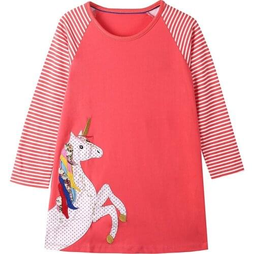 New Autume Children Red Striped Long Sleeve T Shirt for Baby Girl with Rainbow Unicorn Print Size 18M 2 3 4 5 6 Years Old