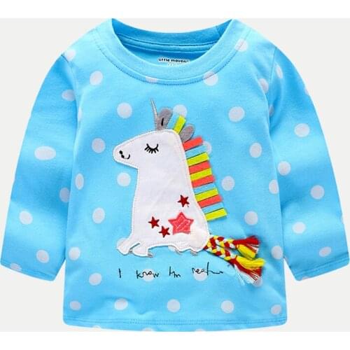 Autumn Baby Girls T-shirts Long Sleeve Fashion Girls Clothes Applique Embroidery Horse Kids Tops Cotton Childrens Tees 1-6 Yrs