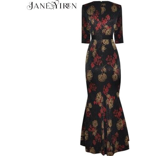 Janeyiren Summer Fashion Designer Bodycon Dress Women V-neck Half Sleeve Floral Print Vintage Mermaid Party Midi Dress