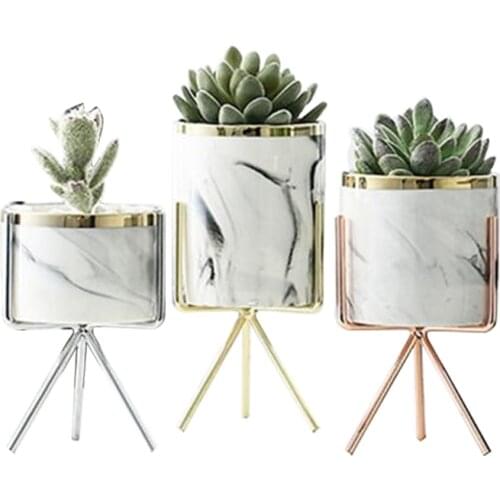 Nordic Ceramic Iron Art Vase Marble Pattern Rose Gold Silver Tabletop Green Plant Pot Home Office Vases Decorative