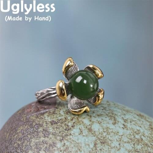 Uglyless Vivid Thai Silver Blooming Lotus Rings for Women Natural Hotan Jade Lotus Flower Jewelry 925 Silver Ethnic Rings Gems