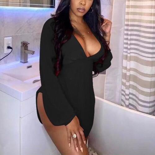 Summer Women Mini Dress Long Sleeve V Neck Solid Color Pleated High Street Siliky Satin Slit Party Dress 2021