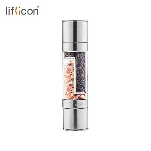 Liflicon 2 in 1 Pepper Grinder Salt Stainless Steel Pepper Mill Glass Body with Adjustable Ceramic Rotor for Restaurants House